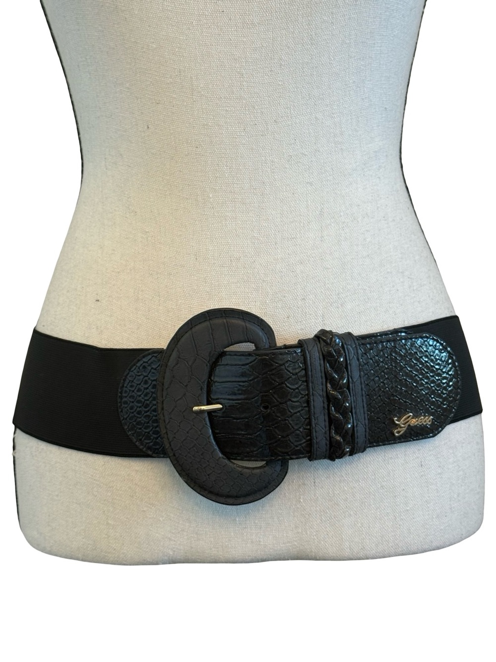 Guess Black Stretch Waist Belt Faux Snakeskin Wide Elastic Belt M/L